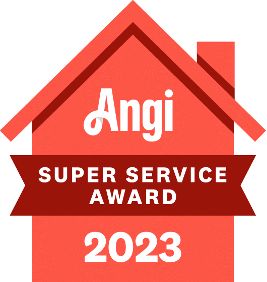 Red house graphic with “Angi Super Service Award 2023” written inside on a ribbon and bold text.