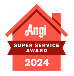 Red house graphic with “Angi Super Service Award 2024” text in white and red on a white background.