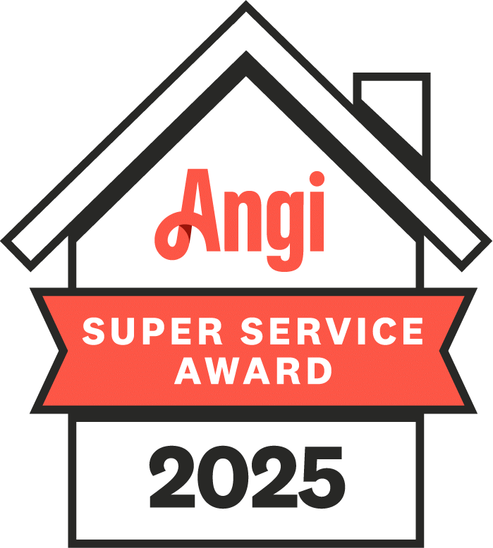 Angi Super Service Award 2025 badge shaped like a house with a red banner.