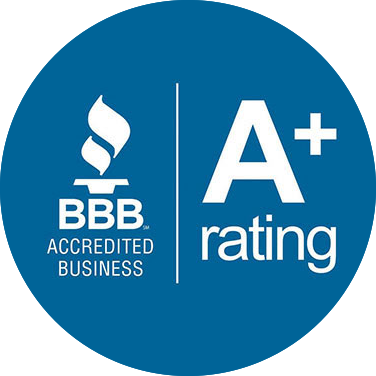 Blue circle with “BBB Accredited Business” logo and “A+ rating” in white text.