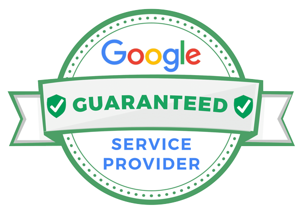 Green badge with “Google Guaranteed Service Provider” text and checkmarks inside shield icons.