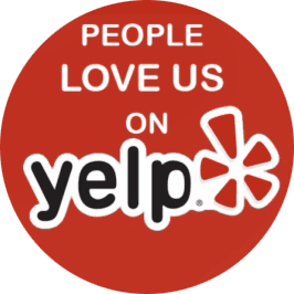 Red circle with text: “People love us on Yelp” and the Yelp logo with a white burst.